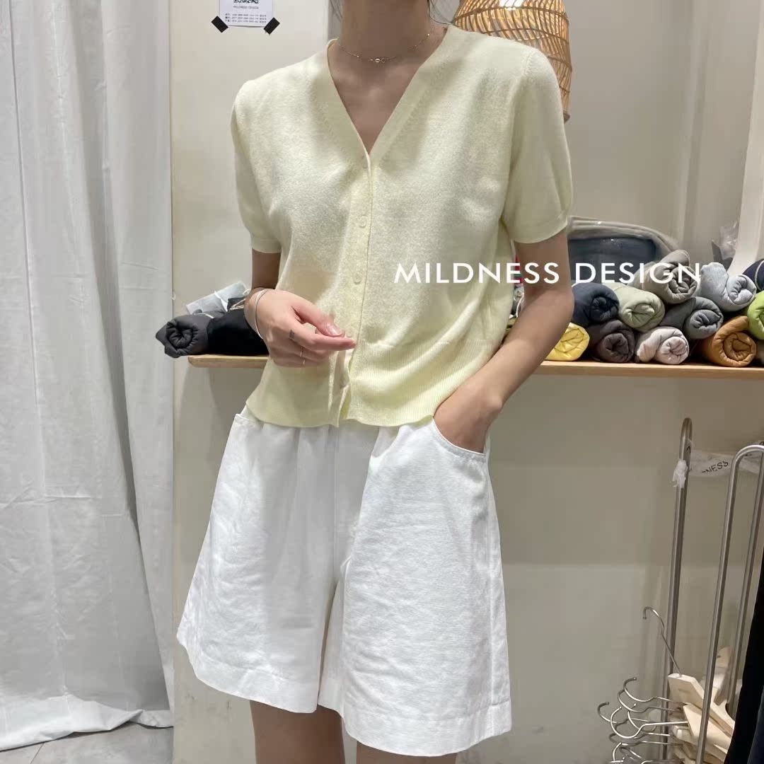 Space小梨女裝店韓國MILDNESS春夏新款時尚V領短袖純色簡約顯瘦安迪絨針織衫開衫