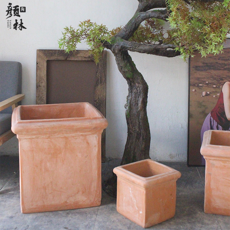 Square flower pot red pottery made old crude pottery pot large square pot pastoral style tree pot landscape gardening pottery