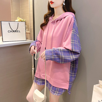 Fatty plus size womens fat sister long sleeve sweater female stitching loose Korean version of thin belly fat mm upper clothes