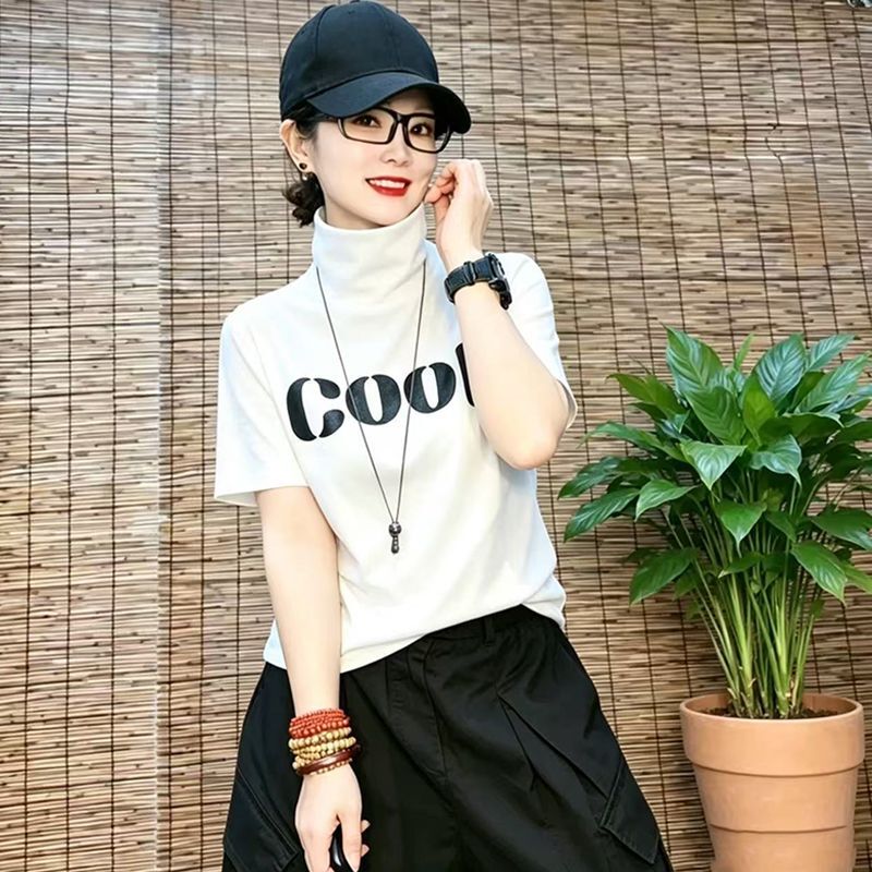 Plus-Size Letter Print High-Neck Pure Cotton Short-Sleeve T-Shirt for Women, White, Loose, Versatile, Slimming, Base Layer, Age-Reducing Top Plus-Size Letter Print High-Neck Pure Cotton Short-Sleeve T-Shirt for Women, White, Loose, Versatile, Slimming, Base Layer, Age-Reducing Top