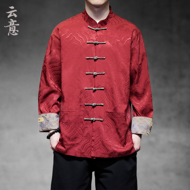 Red Shirt Men's Long-Sleeved Jacquard Cheongsam Jacket Spring Chinese Style Men's Shirt New Chinese Style Tang Suit Hanfu
