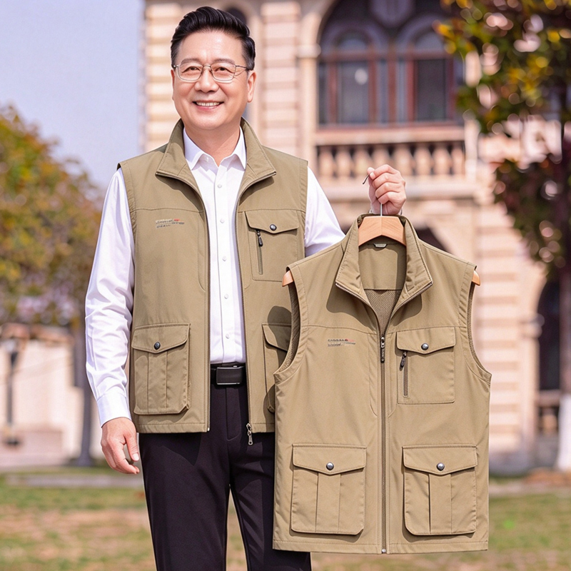Spring and Autumn Dad's Outdoor Quick-Drying Men's Sports Vest Sleeveless Workwear Waistcoat for Middle-Aged and Elderly Men