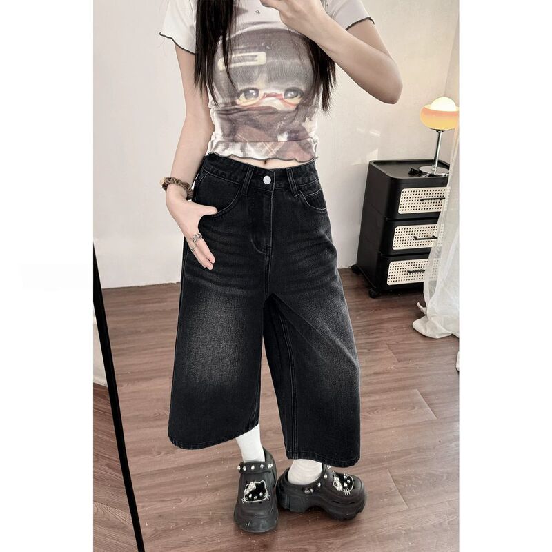 Petite Women's Black-Gray Vintage Wide-Leg Denim Capri Pants, Summer Loose-Fitting Slimming Straight-Leg Denim Capri Jeans