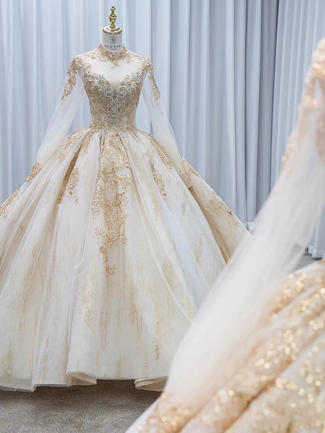 French high - collar at escape princess gold wedding dress rental 2022 new Suzhou bride long sleeve drag the master yarn