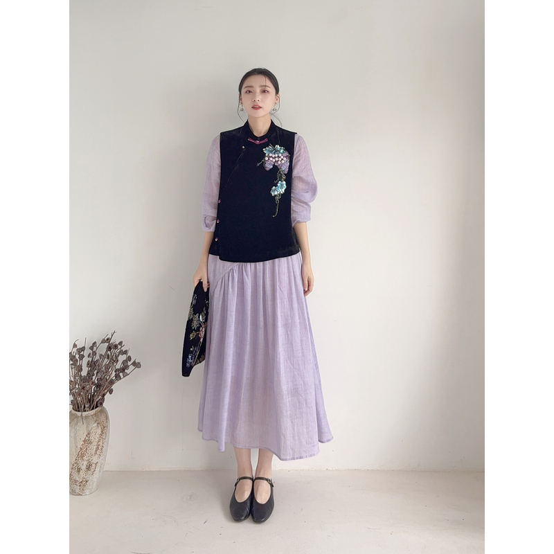 Li Cc· Dark Night Fragrance Grape Silk Velvet Asymmetrical Open-Front Vest