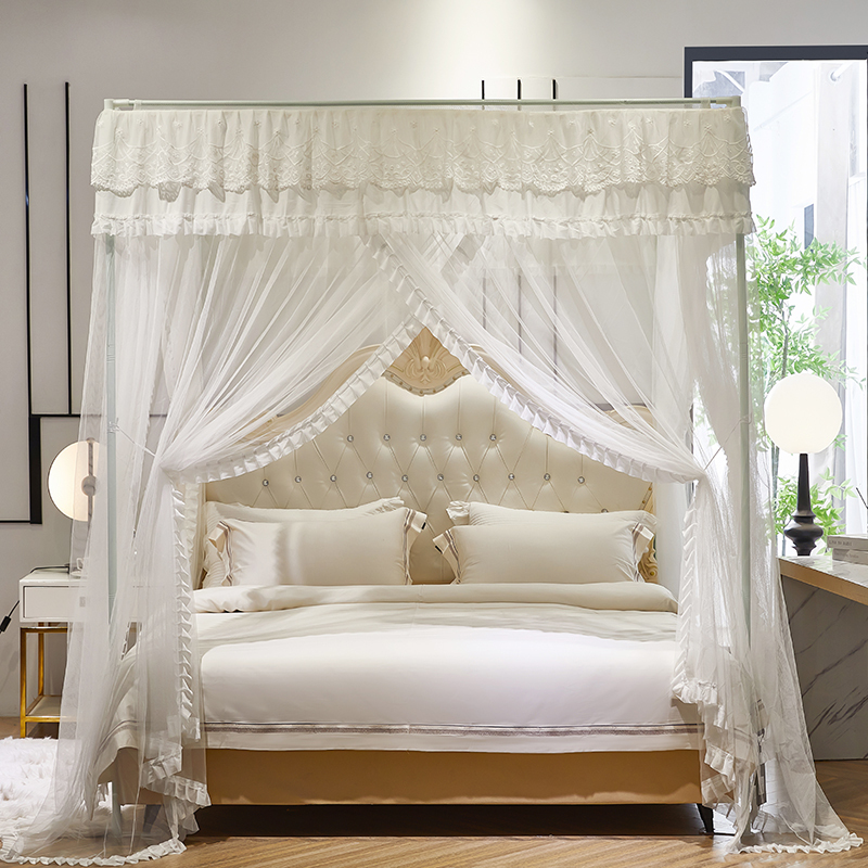2026 New High-End Lace Three-Door Floor-Standing Palace-Style Mosquito Net for Home Bedroom, Encrypted and Thickened with White Frame