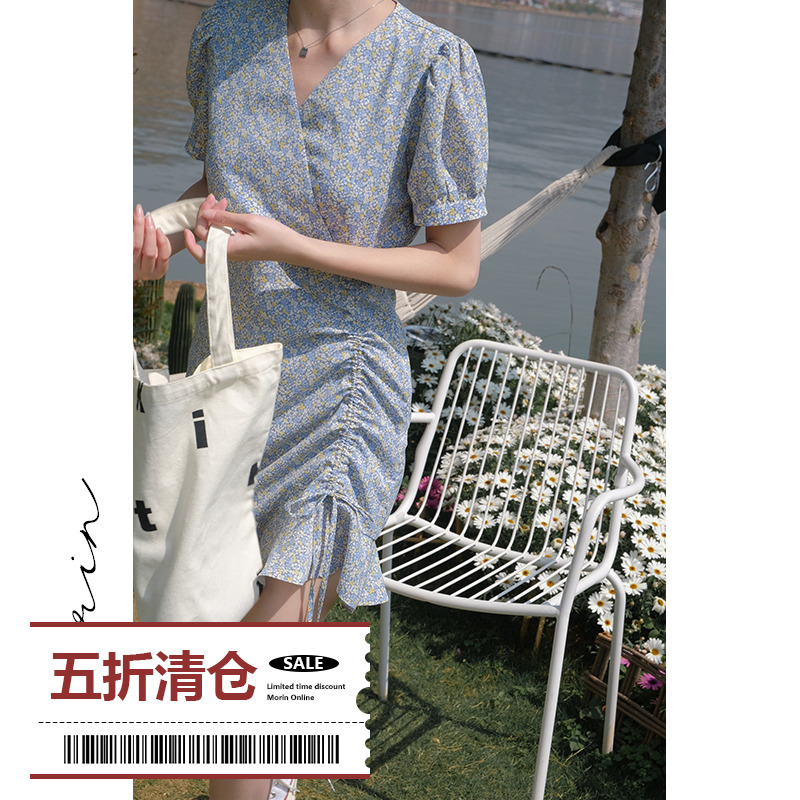 Morin Mojin 2022 summer Korean version ins tide V-neck drawstring ruffled skirt with high waist and thin floral dress