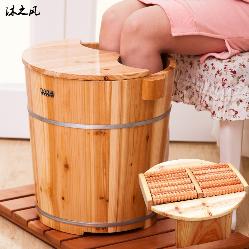 Mu Zhifeng 40CM Takasugi wood soaking foot wooden barrel foot bath barrel foot wash basin wooden barrel foot soaking wooden basin household with lid