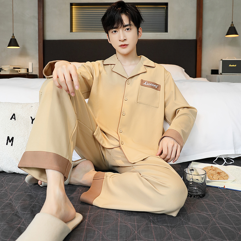 Spring, Autumn and Winter Pajamas for Men, High-End, Can Be Worn Outside, Earthy Yellow Pure Cotton, Large Size, Casual, 2024 New Style Home Wear