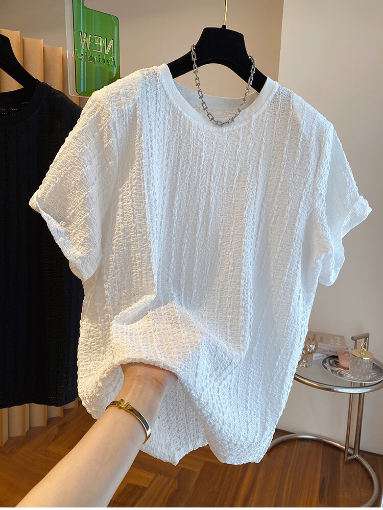 轻奢小众设计感肌理感褶皱垫肩t恤男短袖宽松休闲洋气小衫上衣夏