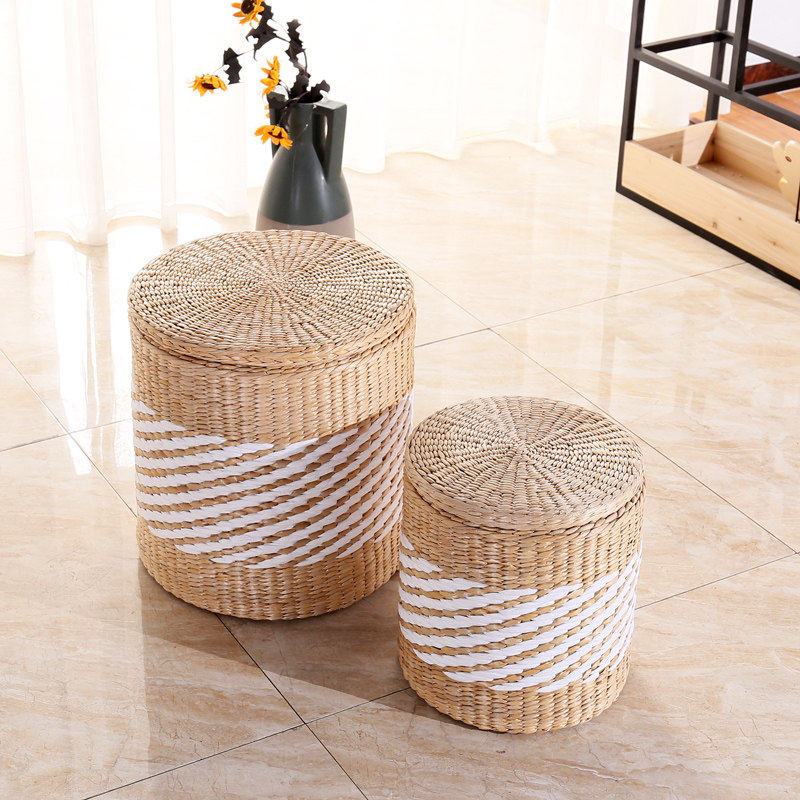 Wei Yue brand straw woven solid wood containing storage stool rattan chita garden changing shoes stool sofa stool make-up stool finishing and sitting box