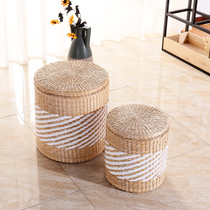  Weiyue brand straw woven solid wood storage storage stool Rattan woven pastoral shoe stool Sofa stool makeup stool Finishing sitting box
