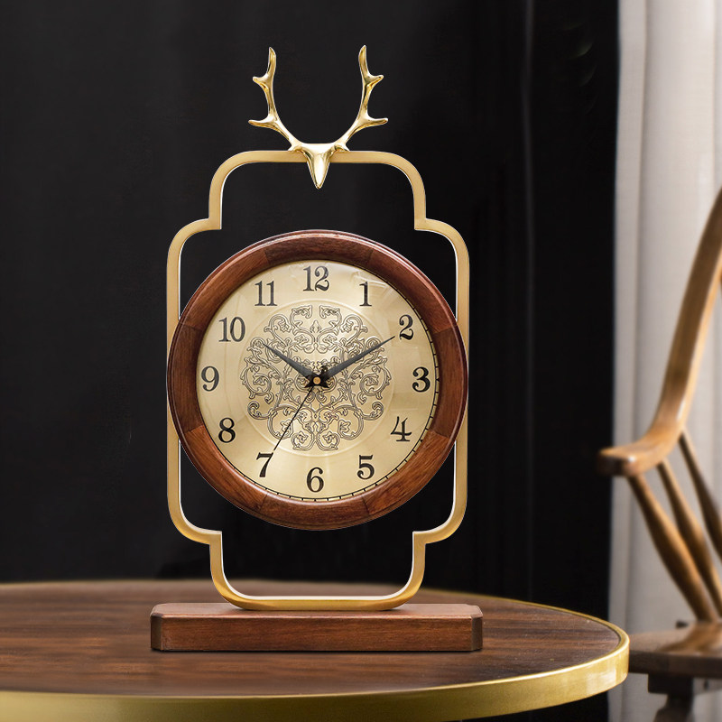 New Chinese solid wood brass clock double-sided seat clock sitting room seat clock pendulum piece Two sides look at the time table mute pendulum sitting clock