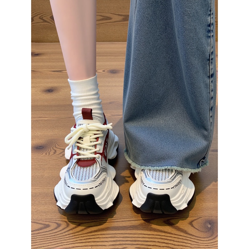 Burgundy Paris Dad Sneakers for Women, 2026 Autumn New Model, Mesh Breathable, Thick-Soled, Height-Increasing, Fashionable, Lightweight Sports Shoes