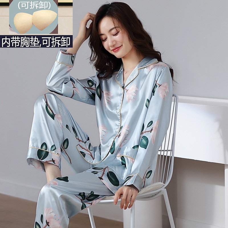 Silk Pajamas with Built-In Bra Pads for Women, Spring and Autumn Thin Long-Sleeved Cardigan, Loose Large Size Ice Silk Loungewear Set Silk Pajamas with Built-In Bra Pads for Women, Spring and Autumn Thin Long-Sleeved Cardigan, Loose Large Size Ice Silk Loungewear Set