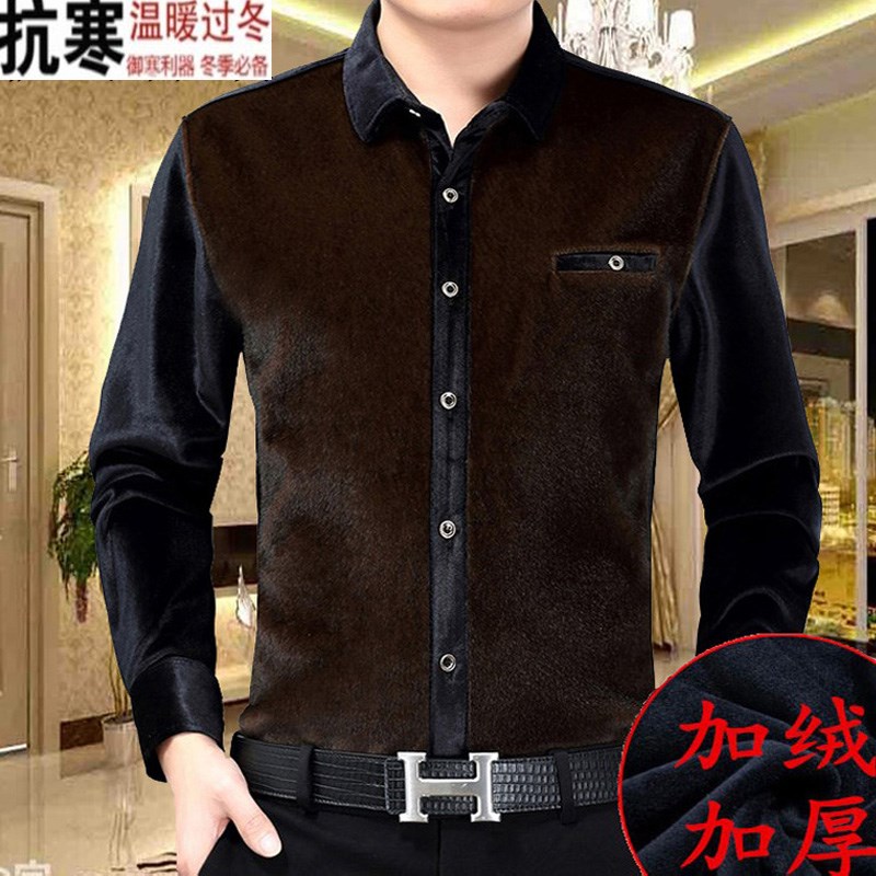 Mùa đông cộng với áo nhung nam hai mặt dài tay ấm dày giả nước bờm nam màu rắn áo bố áo khoác sơ mi nam