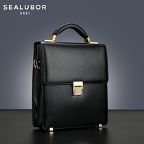 Hillenburg Classic Code Lock Mens Bag Upscale Business Atmosphere Bullskin Vertical handbag Inclined Cross Minimalist briefcase