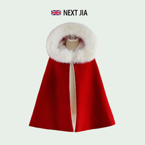 British NEXT JIA girls New Years greetings clothes plus velvet cloak autumn and winter childrens red cloak big fur collar Chinese style Hanfu