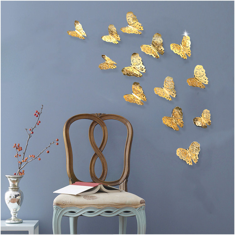 New living room wall decoration of 3D stereo rose gold colored hollow cardboard butterfly wall decoration