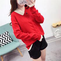 Pregnant women autumn top fashion suit Korean version V-neck pullover sweater short knitted autumn and winter inner tie base shirt