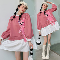 Pregnant womens dress autumn and winter fashion suit Korean version of the tide mother plus velvet padded top long winter doll skirt