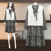 Maternity dress Autumn fashion knitted two-piece suit Korean version floral Chiffon skirt early autumn mid-length top