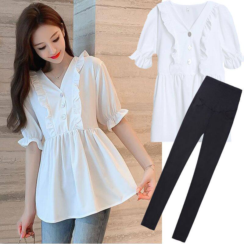 Maternity Shirts Summer Short Sleeves White V-Neck Chiffon Shirts T-Shirts Short Tops Baby Shirts Fashion Two-piece Set