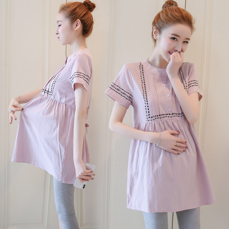 Pregnant Woman T-Shirt Summer Dress Korean Version Short Sleeve Pure Cotton Summer Doll Shirt Linen Dress Mid dress Two sets-Taobao
