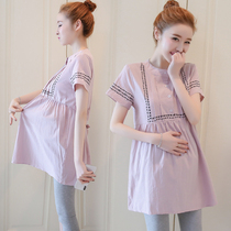Maternity t-shirt summer Korean version short-sleeved cotton maternity doll shirt shirt dress Medium-long top two-piece set
