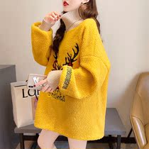 Pregnant womens clothing autumn and winter clothing Korean version of high neck long sleeve loose size jacket plus velvet thick lamb velvet embroidery women