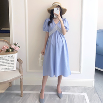 Maternity dress summer fashion temperament tide mother V-neck loose cover belly medium long large size maternity dress summer
