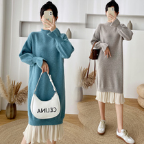 Pregnant women dress autumn and winter wear sweater Korean version of belly tide mother foreign atmosphere long winter knitted base skirt