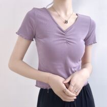 V Collar Folds Dance Exercises womens new agaric side full cotton short sleeves T-shirts Body Thin Training Suit Yoga Clothes