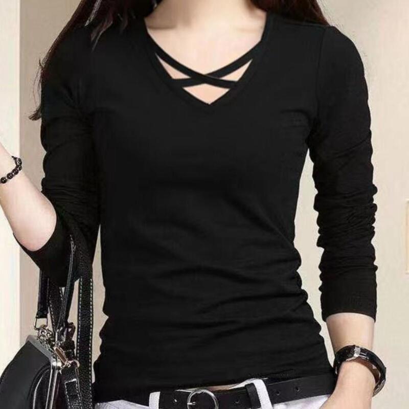2026 Spring and Autumn New Long-Sleeve Slim-Fit T-Shirt for Women, Unique Design V-Neck Cross Top for Outerwear or as a Base Layer 2026 Spring and Autumn New Long-Sleeve Slim-Fit T-Shirt for Women, Unique Design V-Neck Cross Top for Outerwear or as a Base Layer