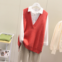 2021 Spring and Autumn new long solid color knitted vest women loose V collar wool vest sleeveless sweater coat