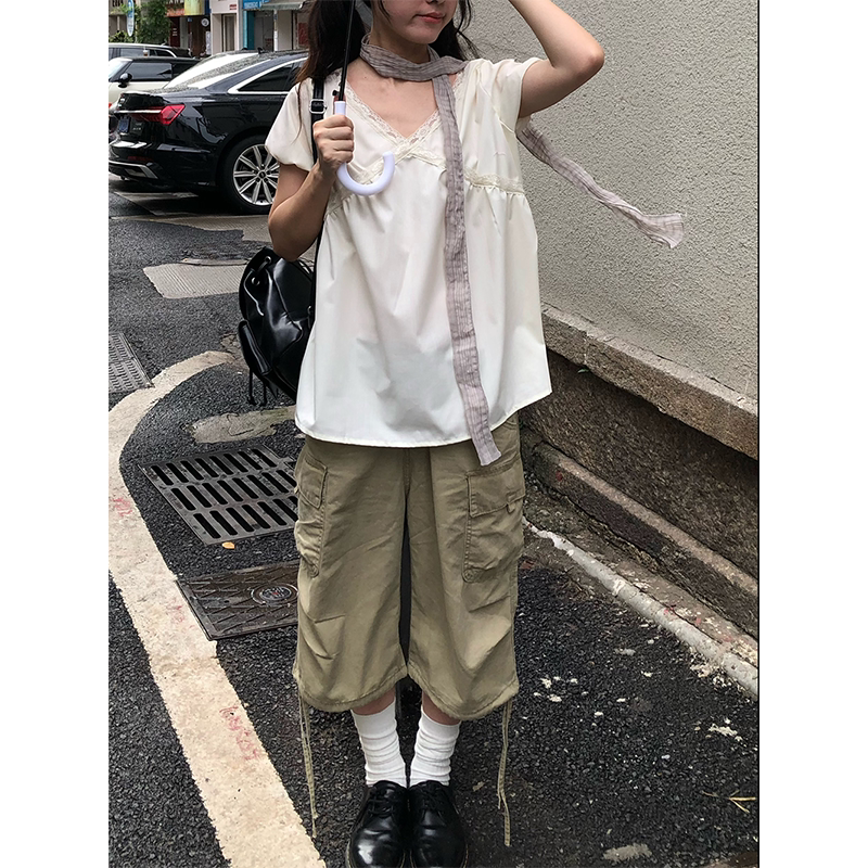 Oiiokk Cream Cake* Korean Style Puff Sleeve Spring and Summer New Lace Splicing V-Neck Shirt Top