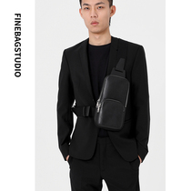Finebagstudio Spring New Mens Zip Genuine Leather Chest Front Bag Minimalist Casual Black Niche Design