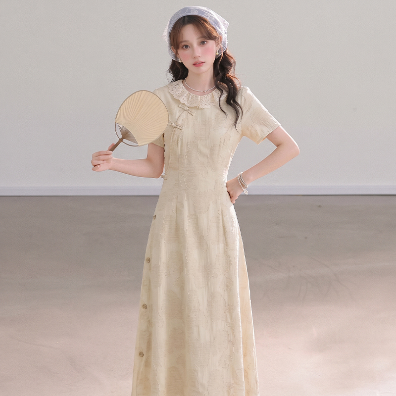 Miaomo【Summer Breeze】Retro-Modernized New Chinese-Style Dress for Women, Summer Short-Sleeved Cheongsam, Long Dress for Petite Figures