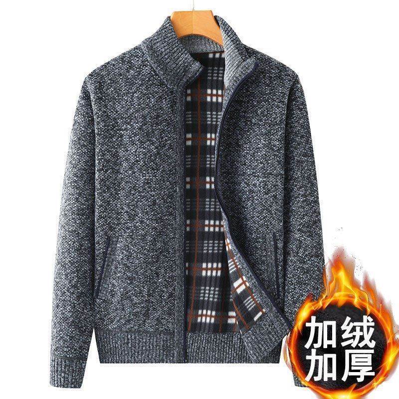 2023 Middle-Aged and Elderly Men's Stand-Up Collar Cardigan Autumn and Winter Fleece-Lined Thick Sweater Dad Sweater Warm Jacket