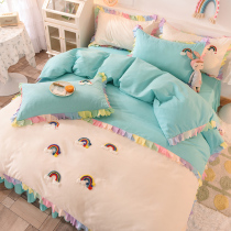 Korean style ball-free princess style four-piece set pure cotton bed skirt bed cover simple rainbow style quilt cover girls bed sheet supplies