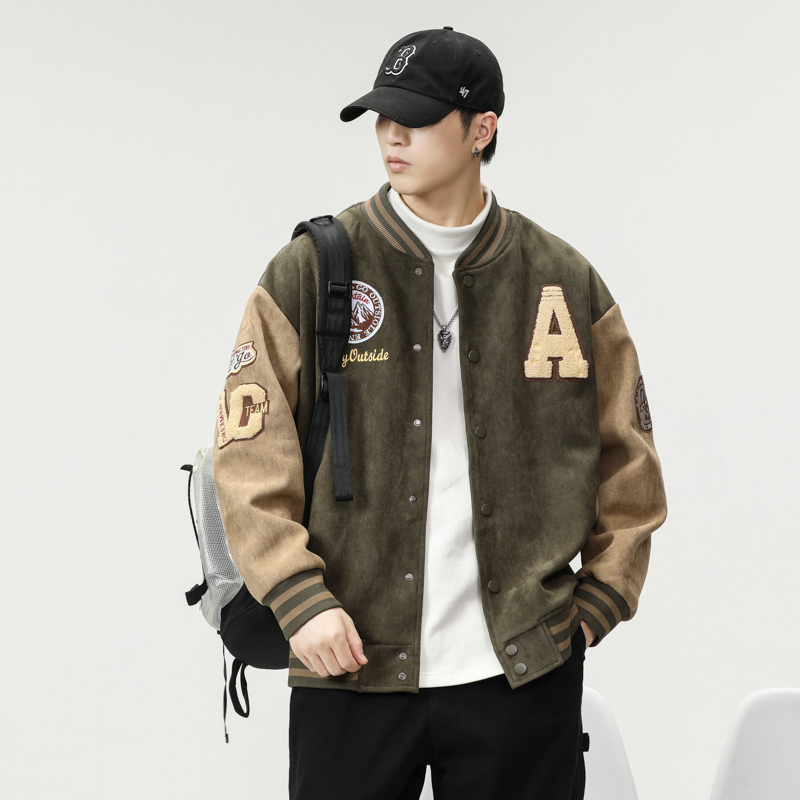 American-Style High-End Army Green Patchwork Suede Baseball Jacket for Men, Autumn and Winter Design, Color-Blocked Loose Jacket