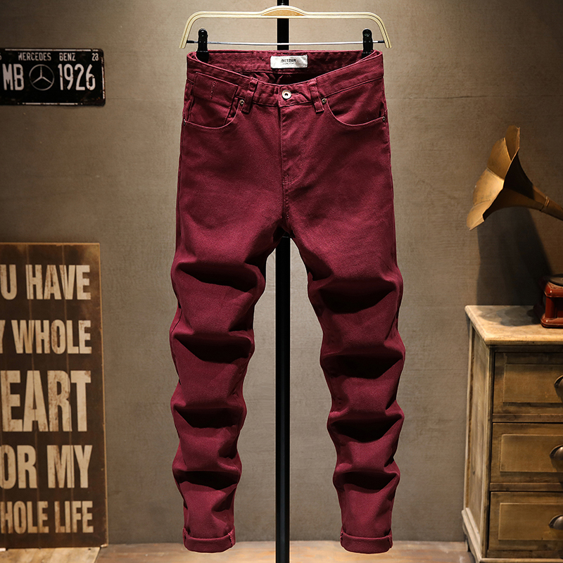 European High-End Maroon Jeans for Men, 2025 Autumn New Trendy Washed Stretch Slim Straight Long Pants European High-End Maroon Jeans for Men, 2025 Autumn New Trendy Washed Stretch Slim Straight Long Pants