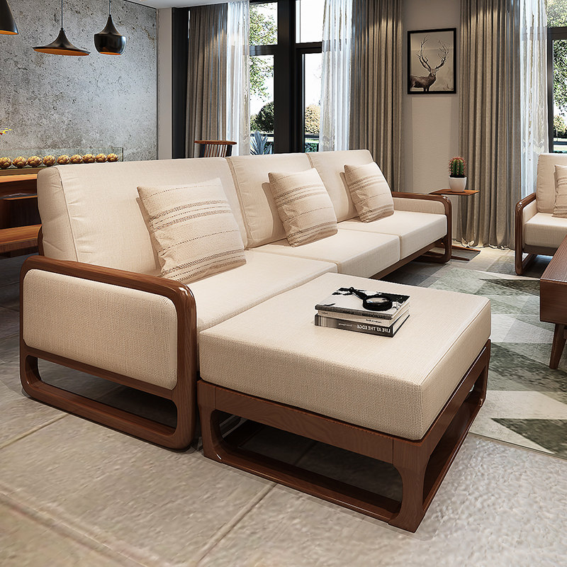 Solid wood sofa Nordic style fabric sofa combination simple ash wood living room corner leather sofa factory outlet