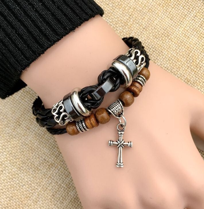 European and American Casual Retro Leather Hand-Woven Bracelet British Style Unisex Jewelry Fashionable Versatile Cross Leaf