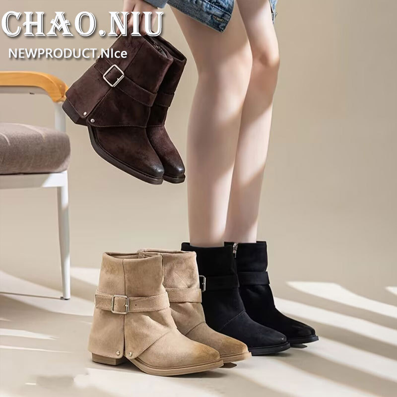 Khaki Trouser Boots for Women, Height-Increasing Boots, Vintage Distressed Martin Boots, Western Riding Boots, Matte Slimming Short Boots