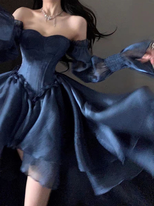 One-Shoulder Dress, Elegant Women's Clothing, High-End, Waist-Cinching, Slimming, Long-Sleeved, Strapless, Asymmetrical Trailing Dress
