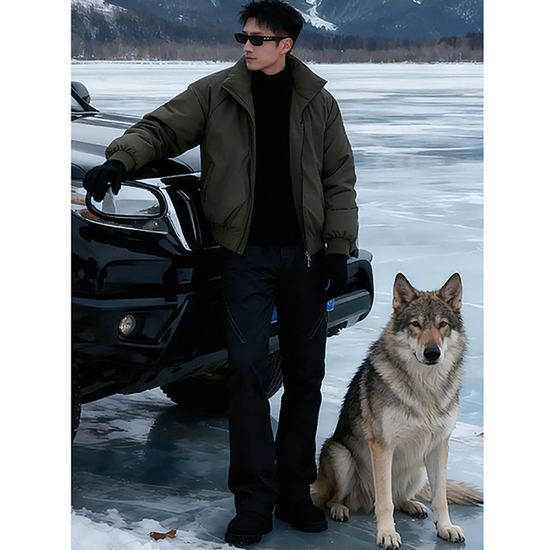 Army Green Stand-Up Collar Short down Cotton Jacket for Men, Winter Retro Cool Flight Jacket, Thickened Warm Cotton Coat Army Green Stand-Up Collar Short down Cotton Jacket for Men, Winter Retro Cool Flight Jacket, Thickened Warm Cotton Coat