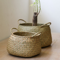 Kens Straw flower basket green plant pot cover waterproof Nordic style flower basket ins plant basket Japanese rattan basket