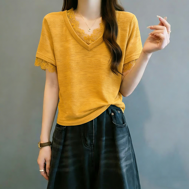 Clearance Sale European Women's Clothing French Style Versatile V-Neck Lace Patchwork Yellow Short-Sleeve T-Shirt Women's Unique Top