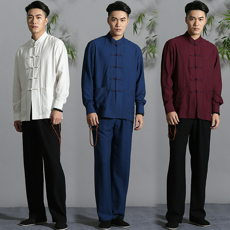 Qiu Mu Chinese style Tang suit Hanfu men's suit martial arts linen thin suit large size Chinese meditation